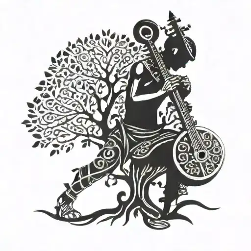 full-size ashik playing the kopuz instrument under a tall tree tattoo design idea