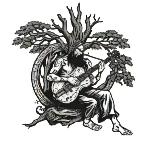 full-size ashik playing the kopuz instrument under a tall tree tattoo design idea