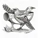 Bird drinking from a bowl full of musical notes. tattoo design idea
