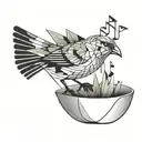Bird drinking from a bowl full of musical notes. tattoo design idea
