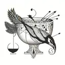 Bird drinking from a bowl full of musical notes. tattoo design idea