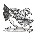 Bird drinking from a bowl full of musical notes. tattoo design idea