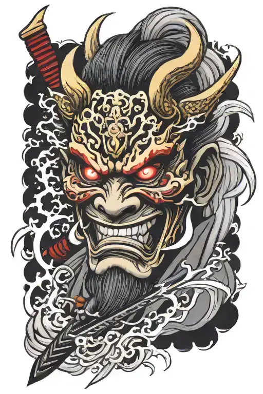 oni mask with lightning strike katana sword tattoo design idea