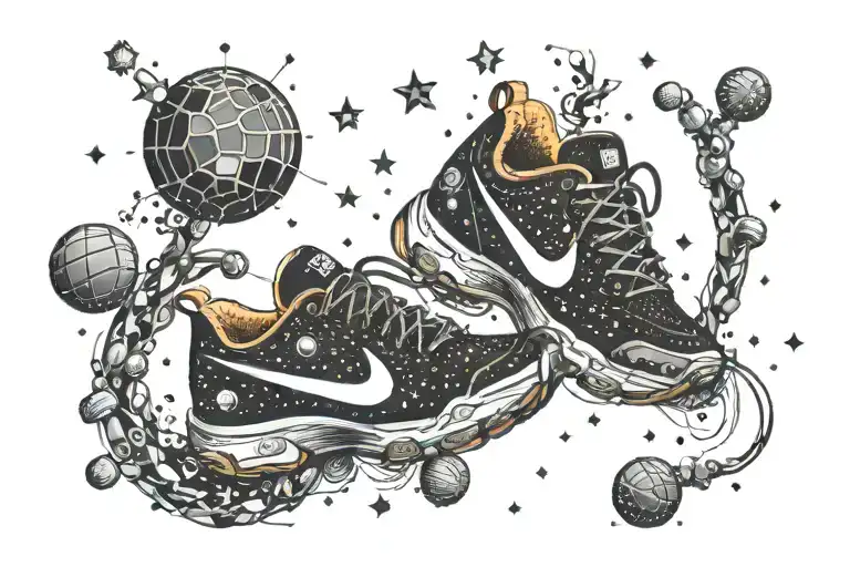a running shoes filled with basketballs and video games controller floating in a galaxy of stars tattoo design idea