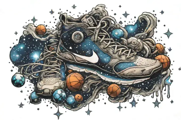 a running shoes filled with basketballs and video games controller floating in a galaxy of stars tattoo design idea