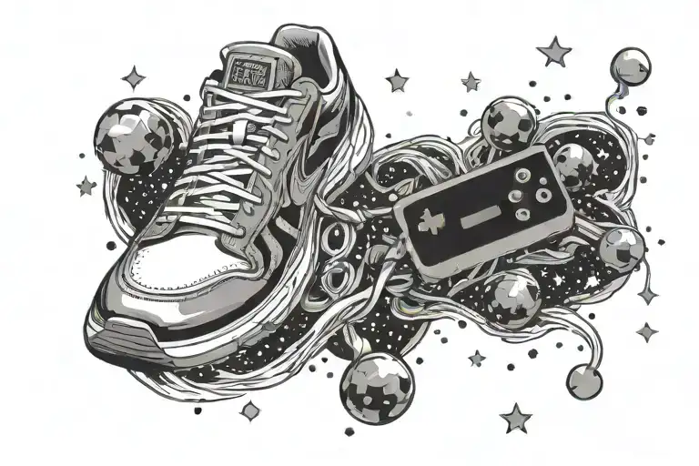 a running shoes filled with basketballs and video games controller floating in a galaxy of stars tattoo design idea