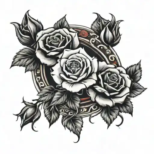 Red and black roses in a Victorian circle with a pulse tattoo design idea