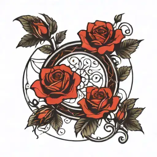 Red and black roses in an openwork circle tattoo design idea