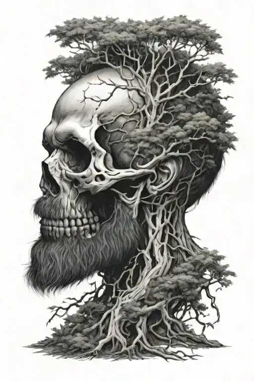 bearded skull with trees growing out of skull  tattoo design idea
