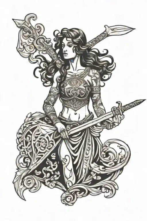 tattooed pictish women holding sword tattoo design idea