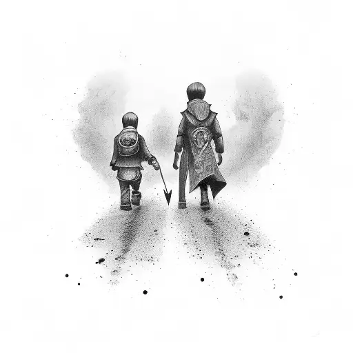 Two brother's walking away holding a video game controller  tattoo design idea
