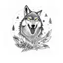 a wolf with its mouth open on the hand, behind it a pack of wolfd as the tattoo progresses up the arm into a forest. tattoo design idea