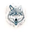 a wolf with its mouth open on the hand, behind it a pack of wolfd as the tattoo progresses up the arm into a forest. tattoo design idea