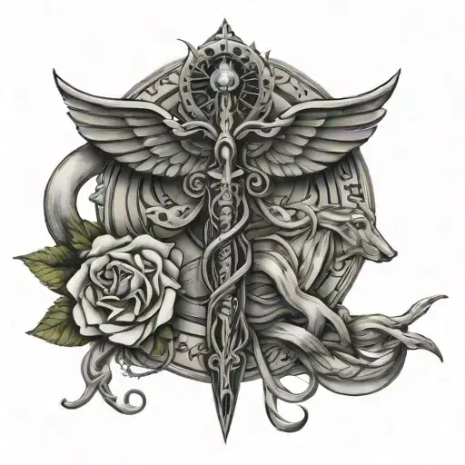 only god can judge me caduceus staff with trinity and Jesus  tattoo design idea