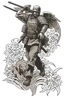 Design a half-sleeve tattoo showcasing a battlefield scene with a soldier protecting his family, portrayed as guardian angels tattoo design idea