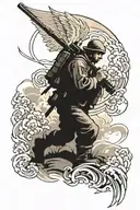 Design a half-sleeve tattoo showcasing a battlefield scene with a soldier protecting his family, portrayed as guardian angels tattoo design idea