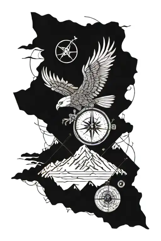 A big tattoo for forearm half sleeve featuring an eagle, a compass, a map, a mountain scenery. tattoo design idea