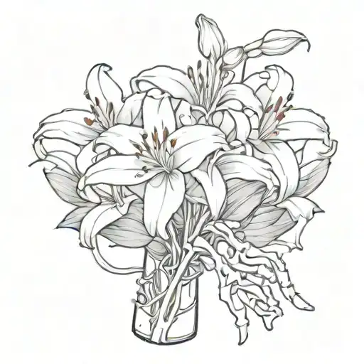 skeleton hand holding lily flower tattoo design idea
