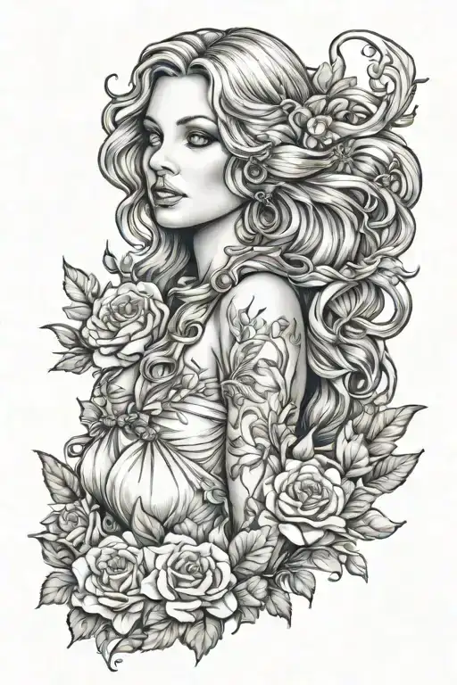full body Aphrodite realistic sexy girl looking forward tattoo design idea