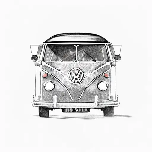 A sketch-style illustration of a Volkswagen T3 van exploring a mysterious and magical land tattoo design idea