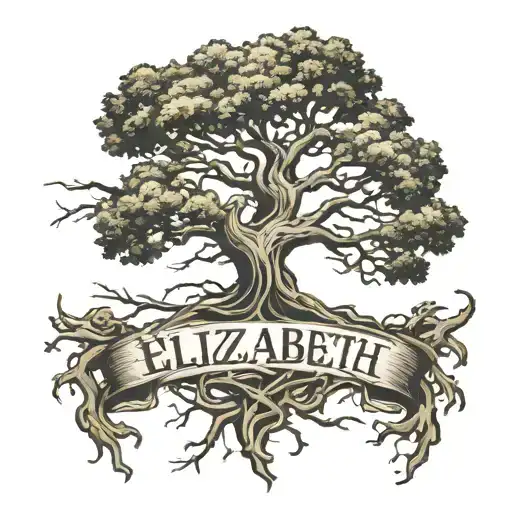 oak tree with  the roots spelling elizabeth written tattoo design idea