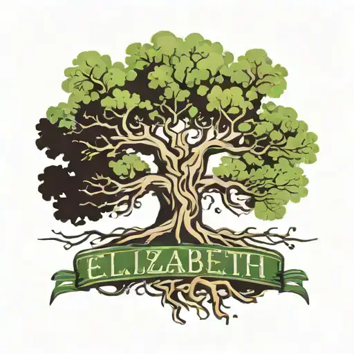oak tree with roots spelling elizabeth written tattoo design idea