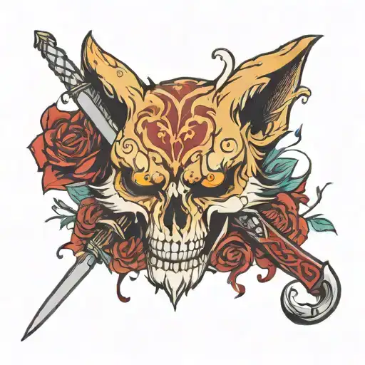 skull fox hand blood sword wrapped tattoo design idea