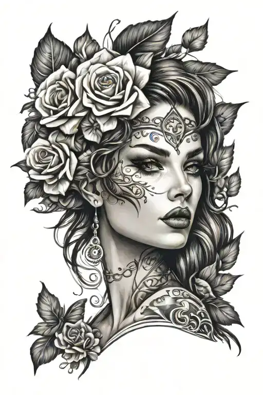 beautiful woman face tatto with ghotic style tattoo design idea