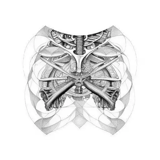 three human ribs in the foreground and steampunk mechanism behind them tattoo design idea