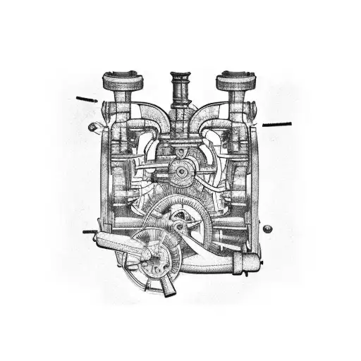 steam engine mechanism behind human ribs tattoo design idea