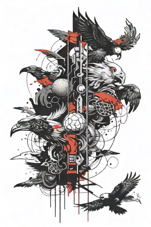 unfinished totem pole ball of light at the bottom then a wild then an eagle then a black koi fish tattoo design idea