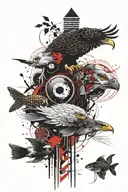 unfinished totem pole ball of light at the bottom then a wild then an eagle then a black koi fish tattoo design idea