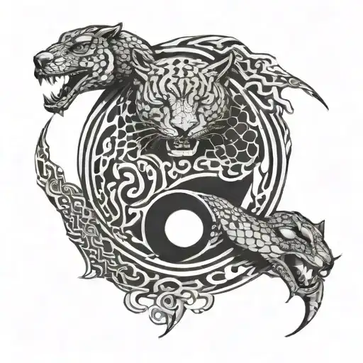 A yin and yang symbol made of panther and snake motifs, with a background of techno waveforms tattoo design idea