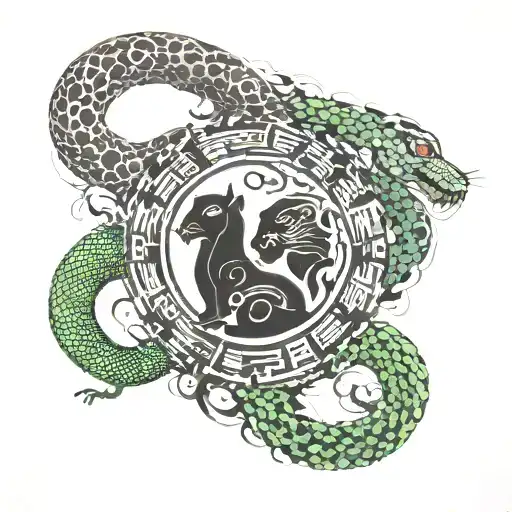 A yin and yang symbol made of panther and snake motifs, with a background of techno waveforms tattoo design idea