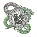A yin and yang symbol made of panther and snake motifs, with a background of techno waveforms tattoo design idea