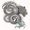 A yin and yang symbol made of panther and snake motifs, with a background of techno waveforms tattoo design idea