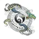 A yin and yang symbol made of panther and snake motifs, with a background of techno waveforms tattoo design idea