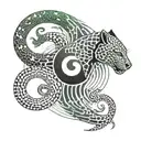 A yin and yang symbol made of panther and snake motifs, with a background of techno waveforms tattoo design idea