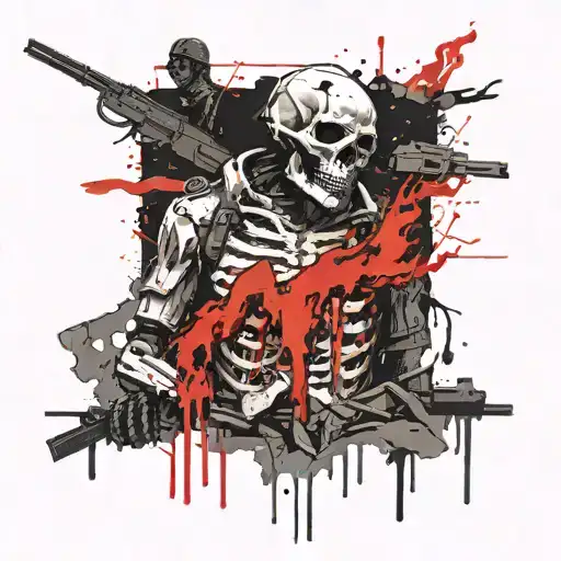 Death pulls out the heart and intestines of a killed soldier in a trench with fire tattoo design idea