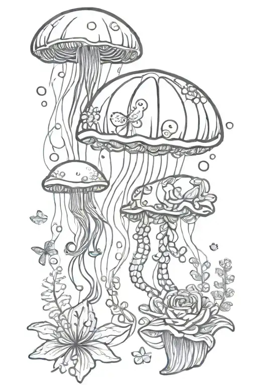 Jelly fish with flowers and ocean creatures simple tattoo design idea