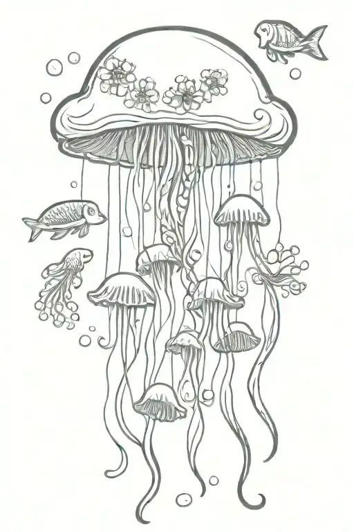 Jelly fish with flowers and ocean creatures simple tattoo design idea