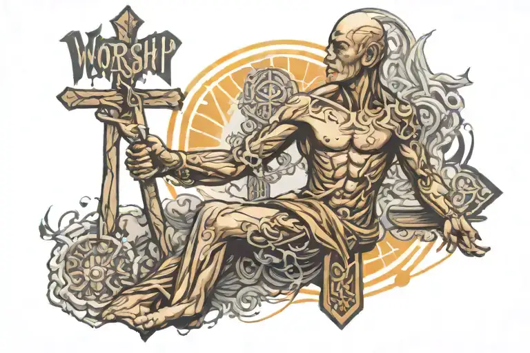 cross with words Worship Warrior monk meditating tattoo design idea