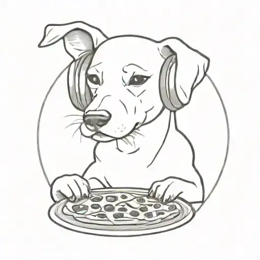 A minimalist tattoo of a dog wearing headphones listening to music while eating pizza tattoo design idea