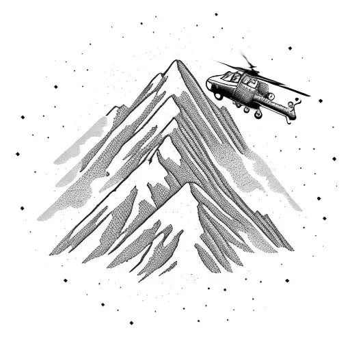 A majestic mountain range with a helicopter soaring above it tattoo design idea