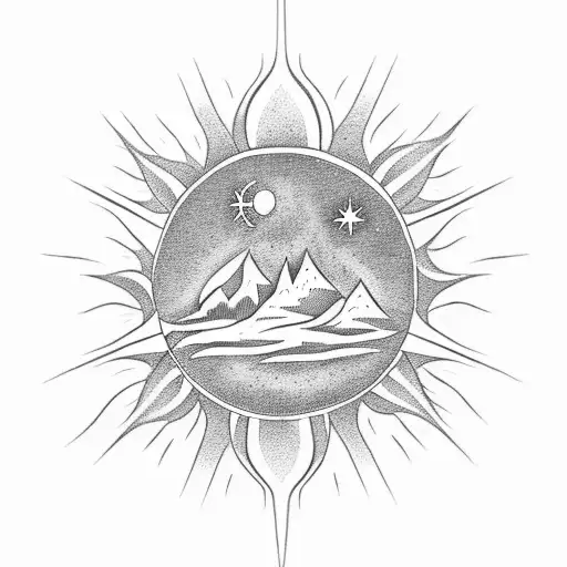A dotwork tattoo of the sun shining over a mountain range, with a helicopter silhouette in the foreground tattoo design idea