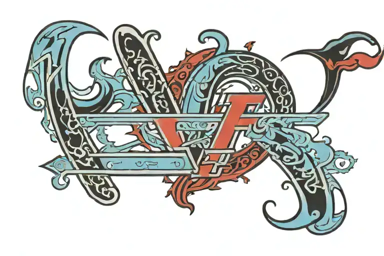 letters "FPE" with a solid black line in front of all three letters horizontally. the F is light blue, p black, e red tattoo design idea