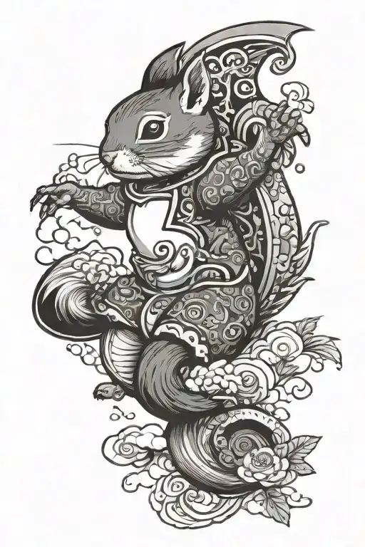 jumping squirrel, lucky pig, spaceship soaring, big tail tattoo design idea