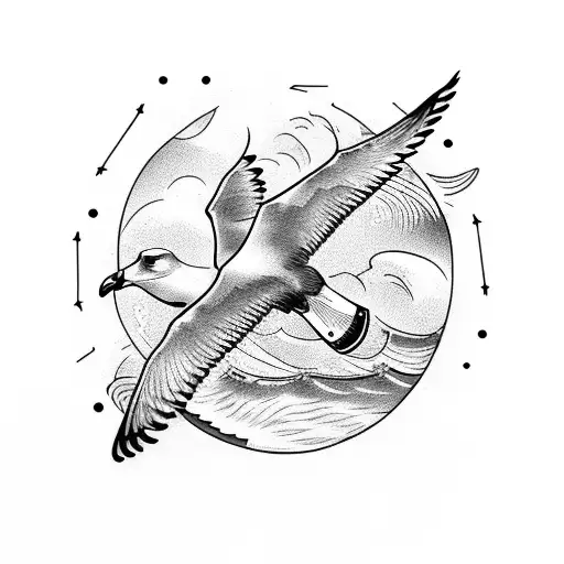 Combine two  seagulls flying away above stormy waves tattoo design idea