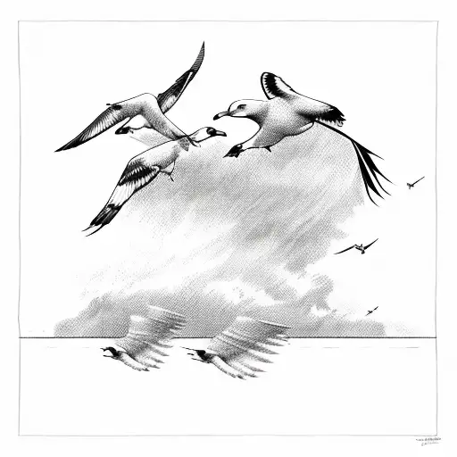 Combine two  seagulls flying away above stormy waves tattoo design idea