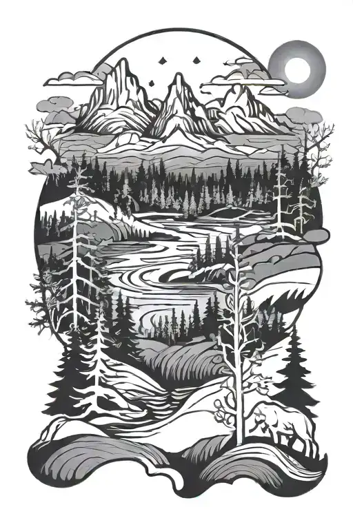 nordic forest scene with aurora borealis tattoo design idea